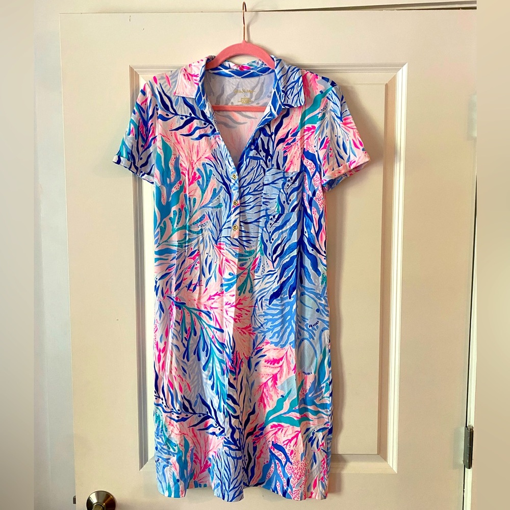 LILLY PULITZER SADIE POLO DRESS KALEIDOSCOPE CORAL